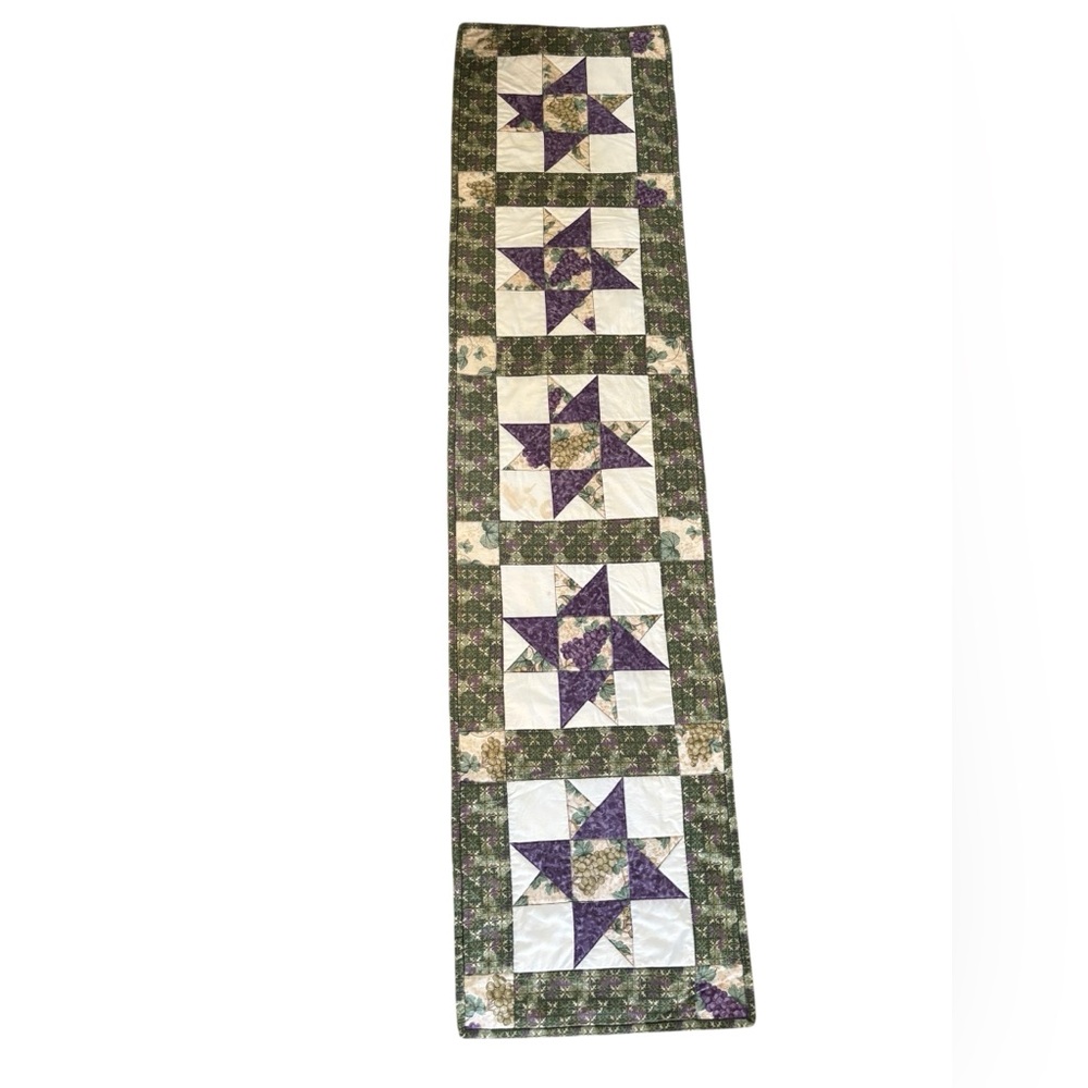 Handmade Star Block Quilted Table Runner 68”X16” Purple Green Grapes Farmhouse